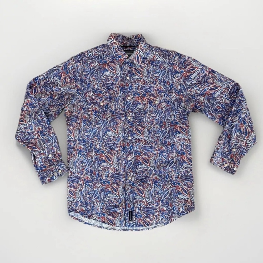 Panhandle Roughstock Pearl Snap Button Up Blue Maroon White Paisley Men’s Medium